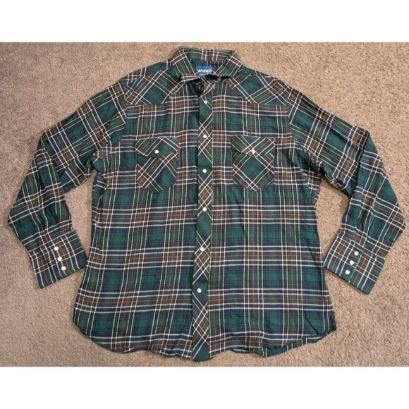 Vintage Wrangler Western Pearl Snap Button Green Plaid Long Sleeve Shirt Men's - Picture 1 of 6